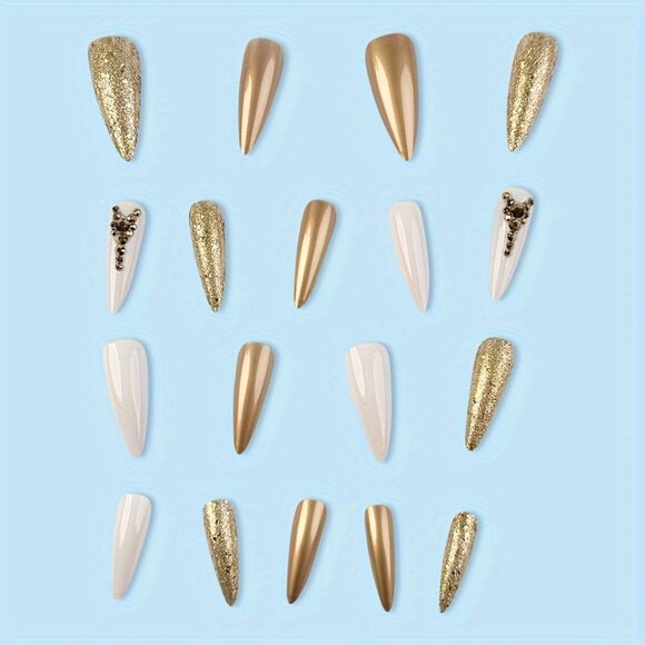 24pcs of Hot Selling Fake Nail Stickers, Champagne Golden Glitter Nail Art Nail - Picture 3 of 5